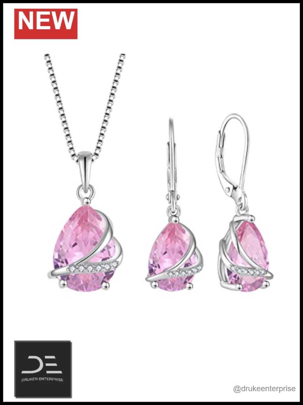 925 Sterling Silver Pink Tourmaline Necklace & Earrings Set October Birthstone